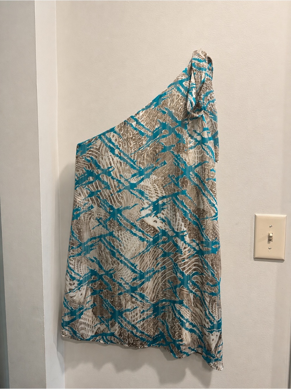 Tyche Teal and Beige Printed One-Shoulder Dress